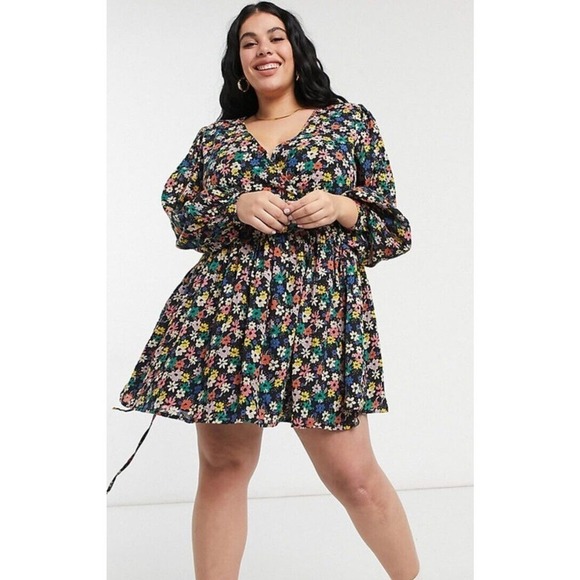 Asos‎ Long Sleeve Mini Wrap Dress Size 8 Black Ditsy Floral V Neck Puff Sleeves - Picture 2 of 13